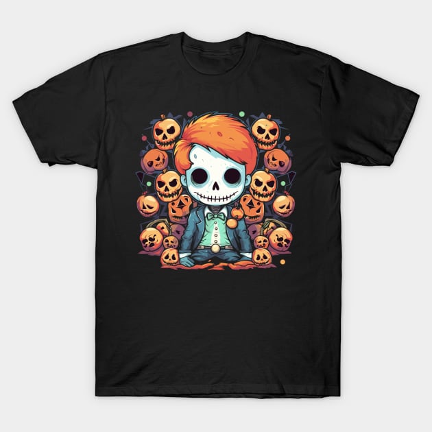 Spooky Elegant Kawaii Zombie Among Twisted Halloween Pumpkin Skulls T-Shirt by InkInspire